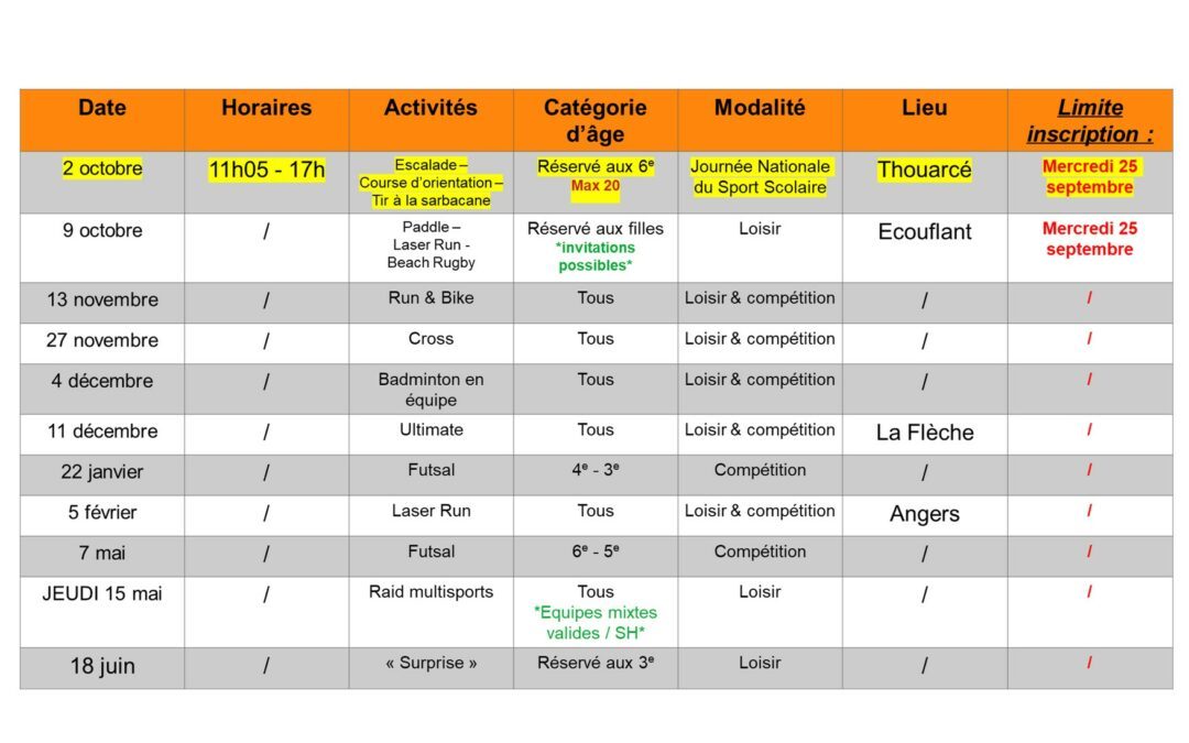 Calendrier des sorties de l’Association Sportive 2024-25